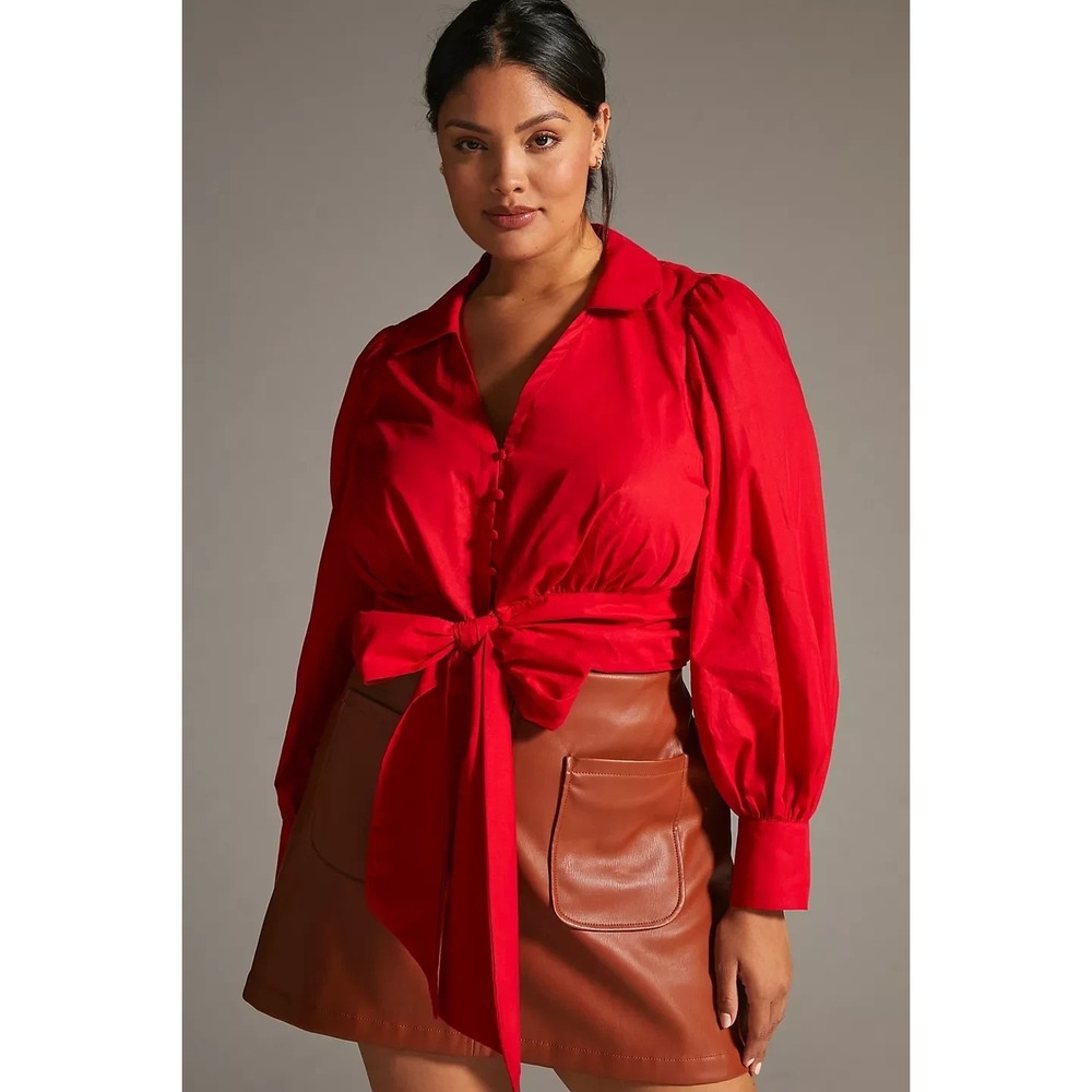Maeve x Anthropologie Poplin Bow-Front Blouse Blouse In Red Women's Size M